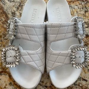 White Mystique Mesa Crystal Buckle Sandals